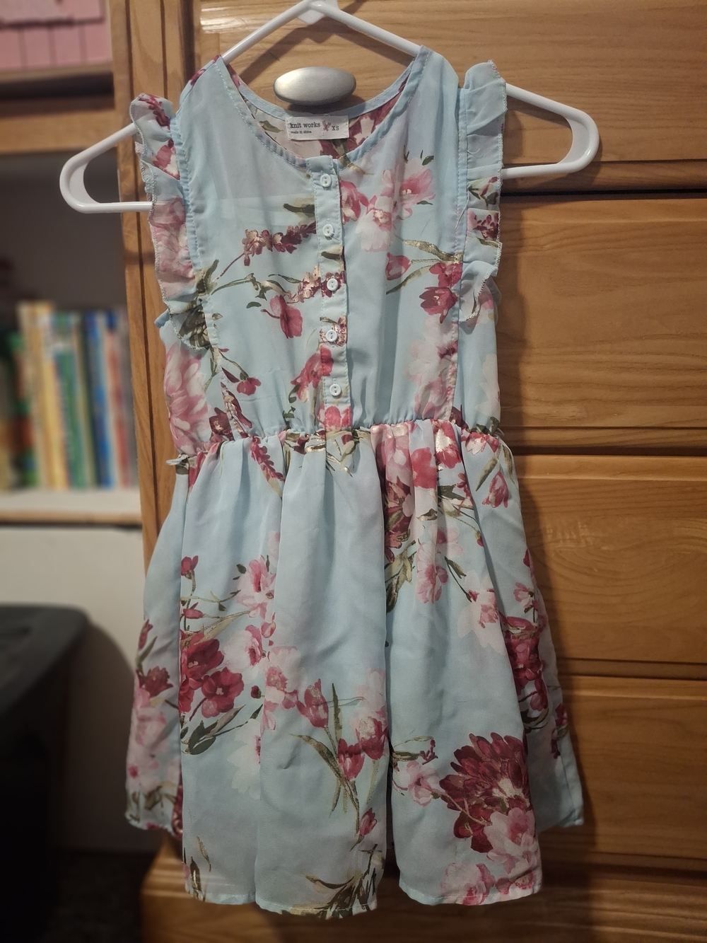 Knitworks Light Blue Floral Ruffle Dress with Pink Accents